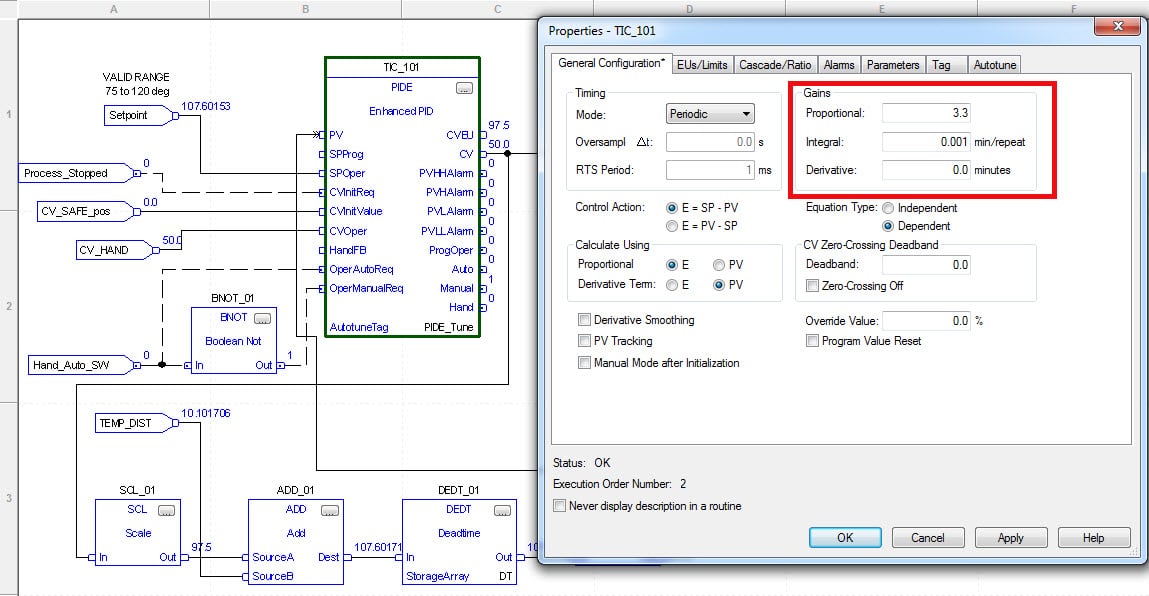 Image showing proportional time, integral time and derivate time gain settings.