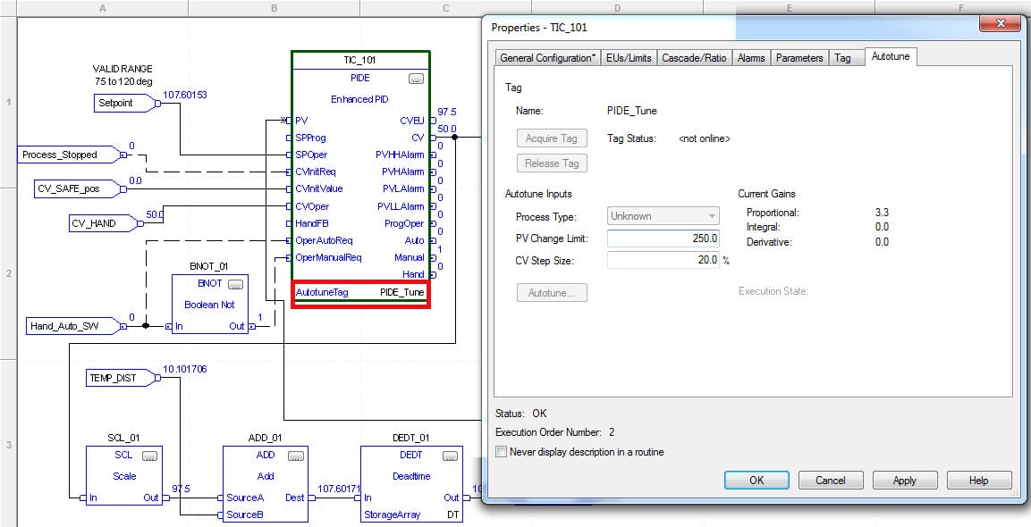 Image showing the auto tuning function of a ControlLogix PIDE instruction.