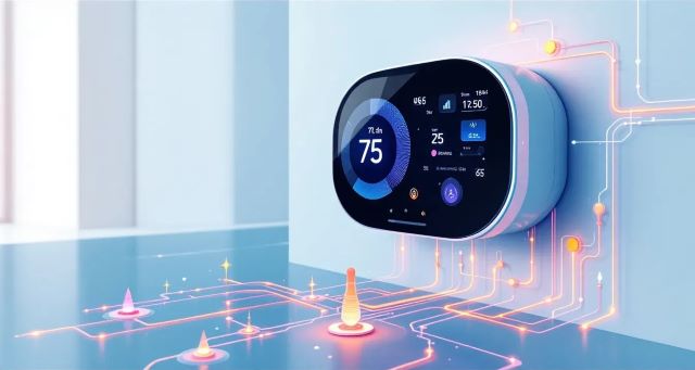 A smart thermostat adjusting temperature settings.