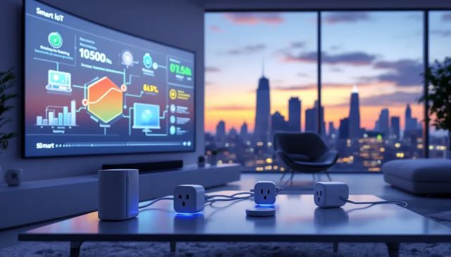 Smart plugs controlling various household devices.