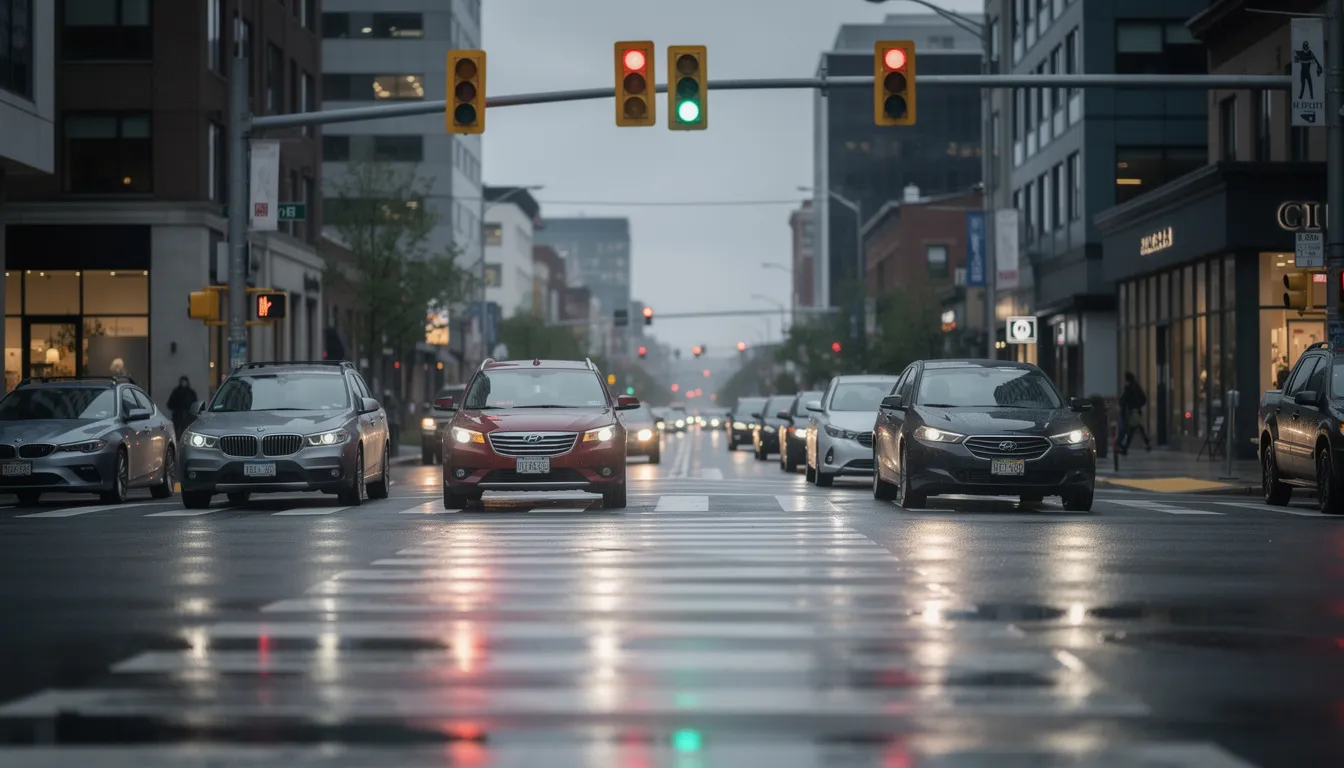 The image shows a busy street intersection with traffic lights displaying red, while several cars are waiting patiently at the stop. This scene highlights the importance of control systems in urban environments, much like how industrial automation and PLC programming software manage processes efficiently.